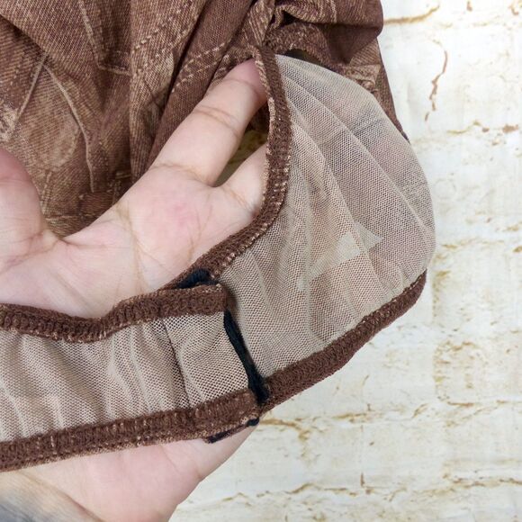 Y2K Bodysuit Women M Brown Jean Pocket Trompe Loeil Mesh Sheer Ruched V-neck VTG - Picture 13 of 15